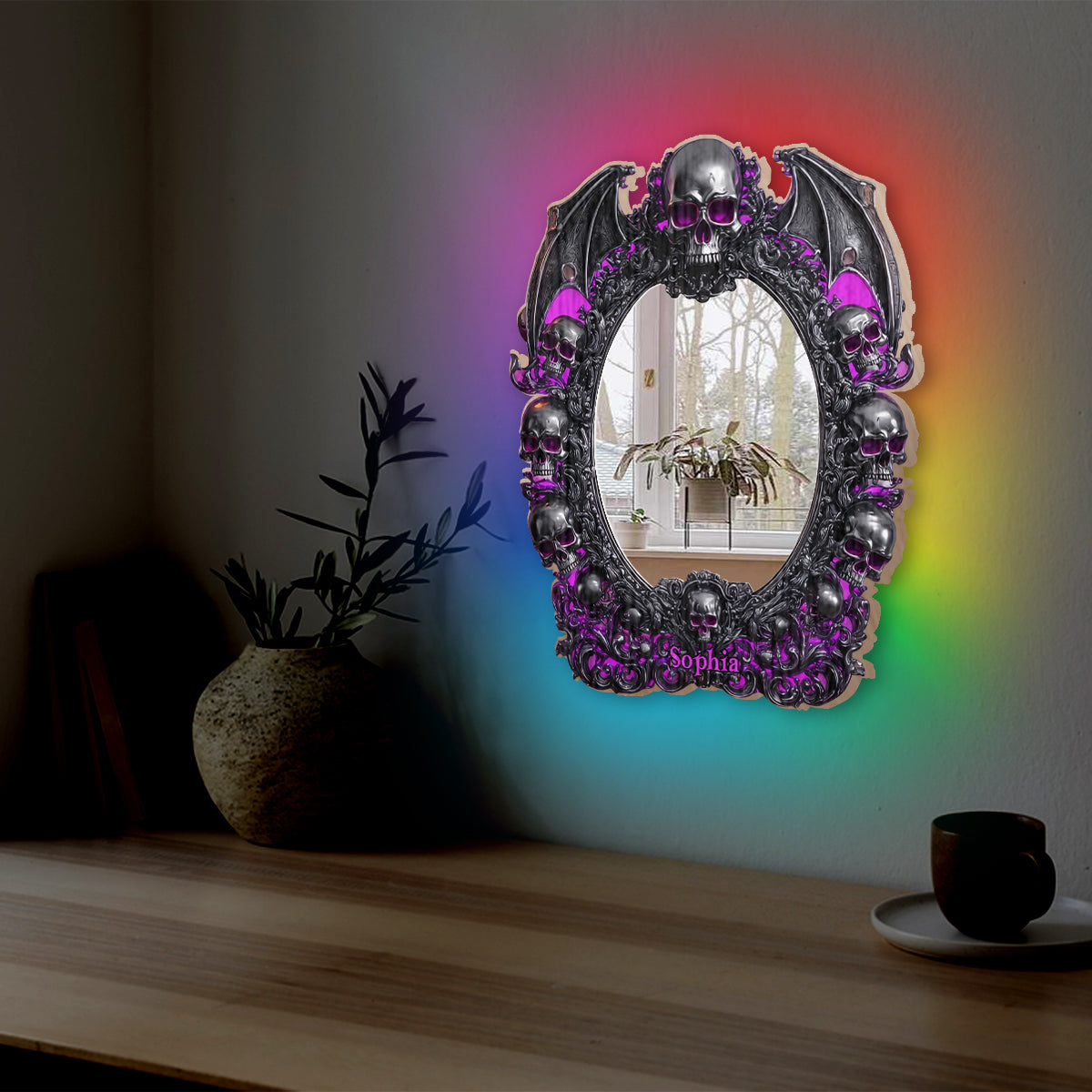 Totenkopf-Halloween – Personalisierter Totenkopf-Wandspiegel mit LED-Beleuchtung
