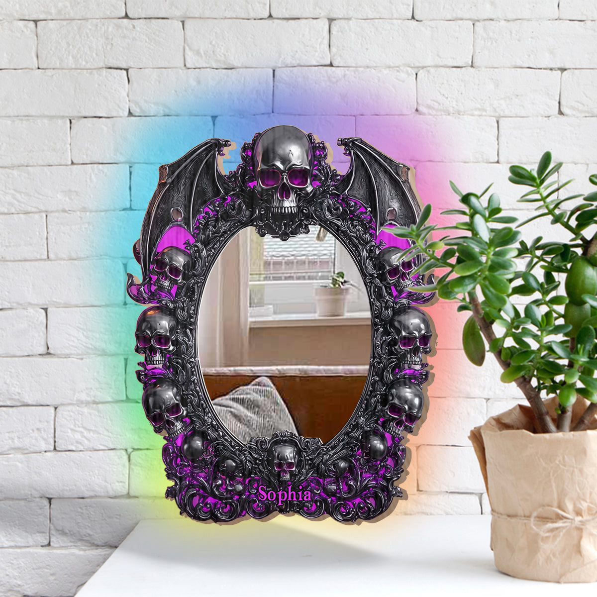 Totenkopf-Halloween – Personalisierter Totenkopf-Wandspiegel mit LED-Beleuchtung