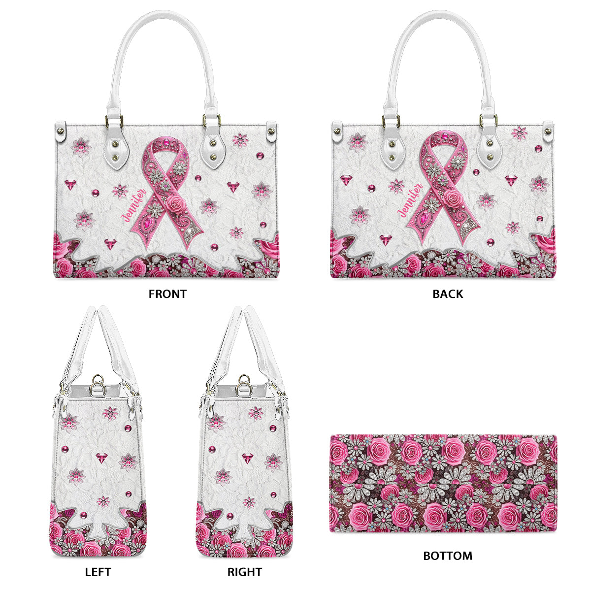 Brustkrebsbewusstsein – Personalisierte Lederhandtasche zum Thema Brustkrebs