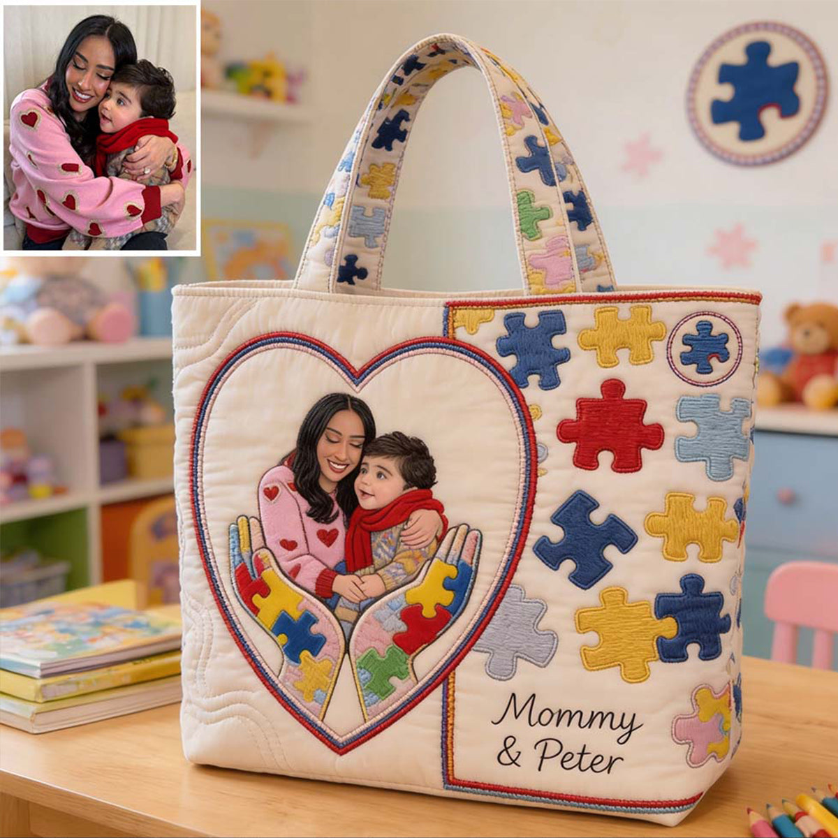 Autism Mom - Personalized Autism Awareness Quilted Tote Bag