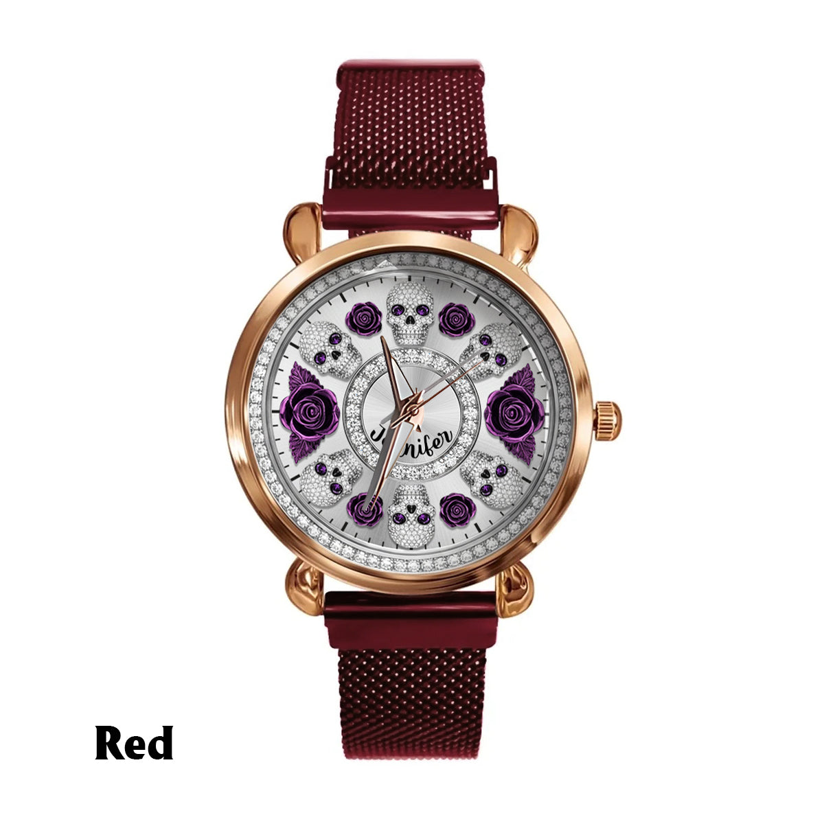 Totenkopf und Rosen – Personalisierte Totenkopf-Damenhanduhr 