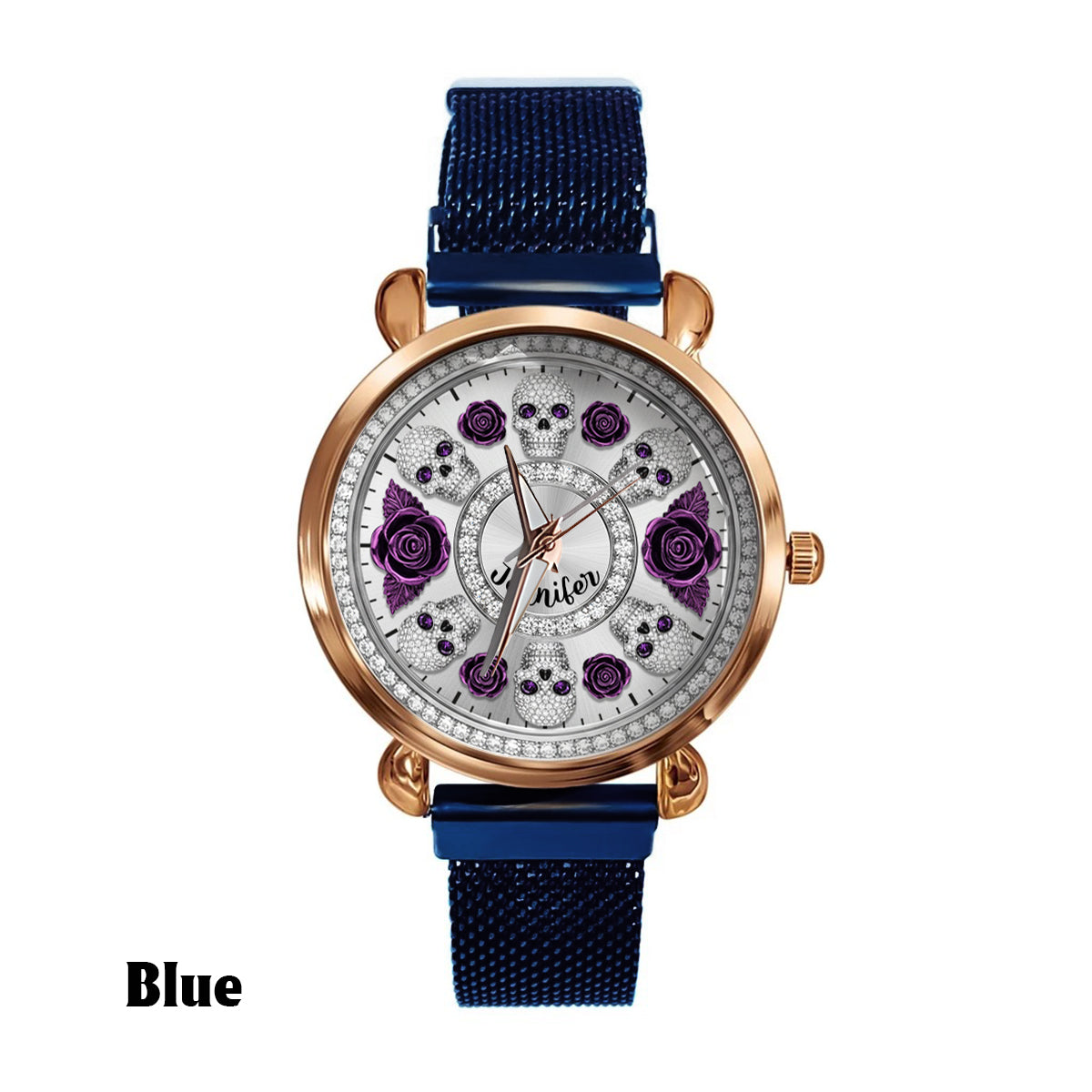 Totenkopf und Rosen – Personalisierte Totenkopf-Damenhanduhr 
