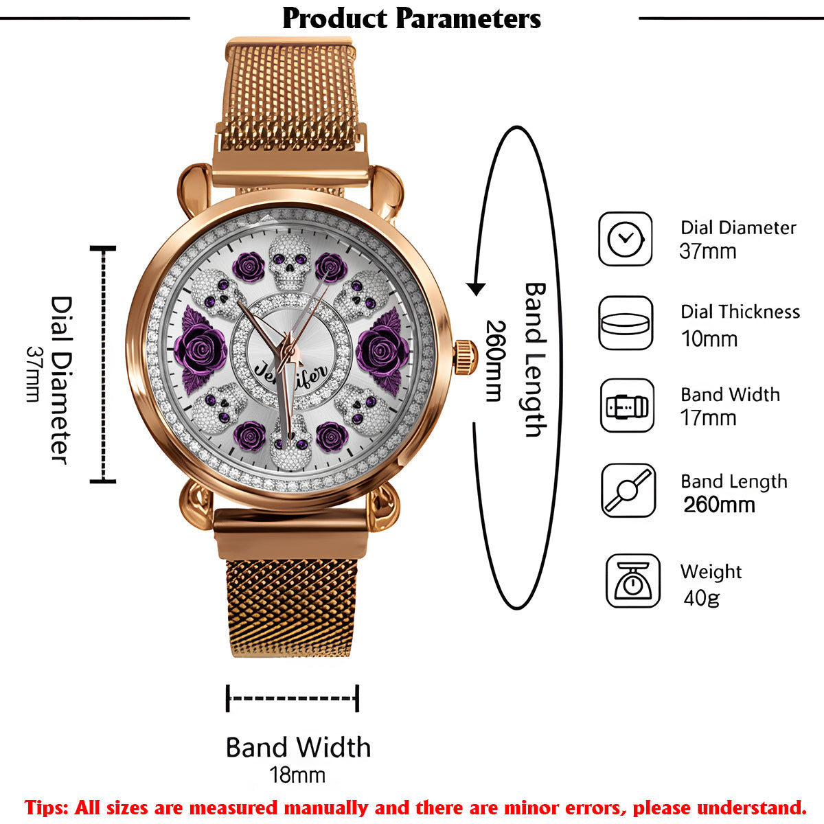 Totenkopf und Rosen – Personalisierte Totenkopf-Damenhanduhr 