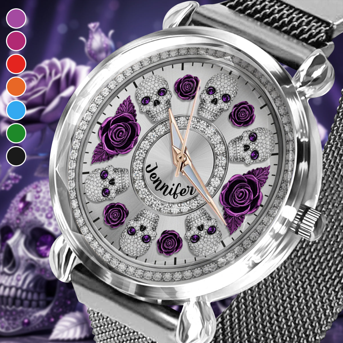 Totenkopf und Rosen – Personalisierte Totenkopf-Damenhanduhr 