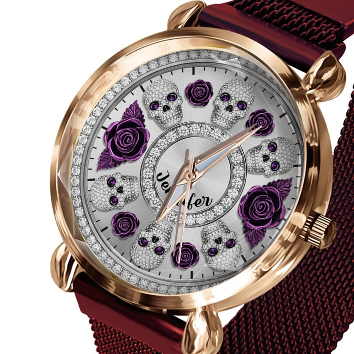 Totenkopf und Rosen – Personalisierte Totenkopf-Damenhanduhr 