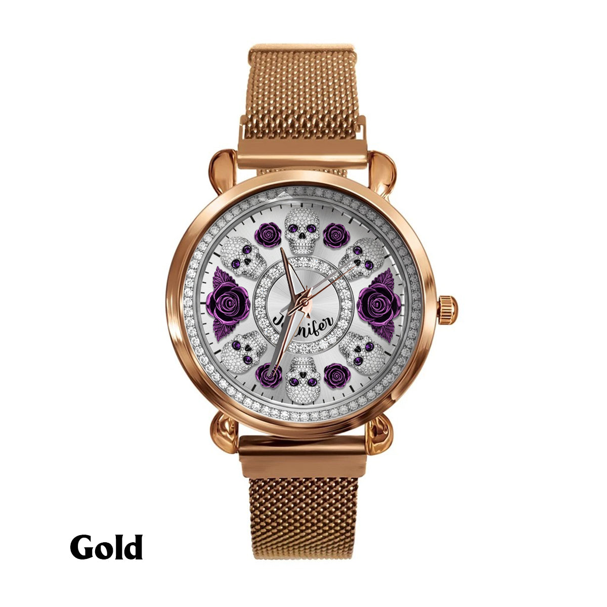 Totenkopf und Rosen – Personalisierte Totenkopf-Damenhanduhr 