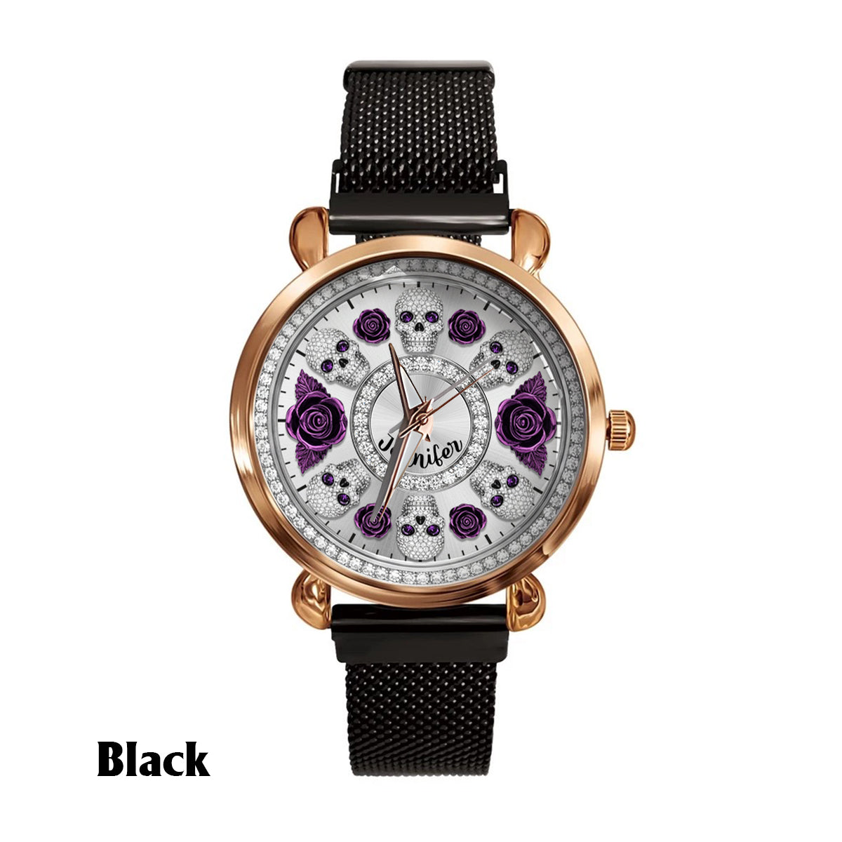 Totenkopf und Rosen – Personalisierte Totenkopf-Damenhanduhr 