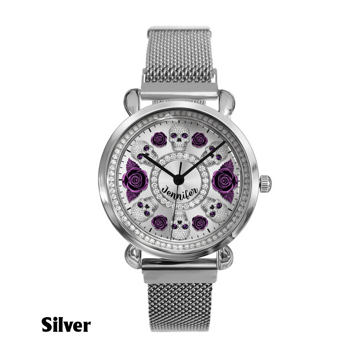 Totenkopf und Rosen – Personalisierte Totenkopf-Damenhanduhr 