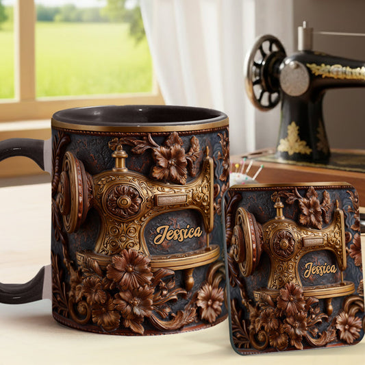 Einfach eine Frau, die das Nähen liebt – Personalisierte Tasse und Untersetzer mit Nähmotiv