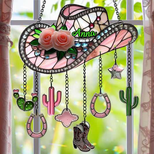 Pink Cowgirl Boots - Personalized Cowgirl Window Hanging Suncatcher With Charms