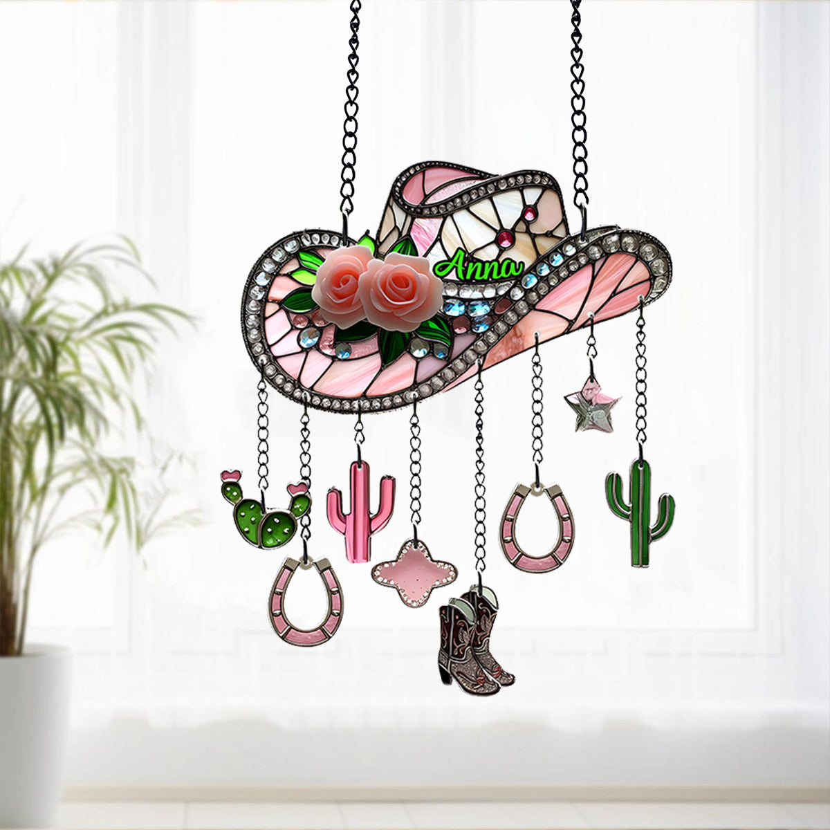 Pink Cowgirl Boots - Personalized Cowgirl Window Hanging Suncatcher With Charms
