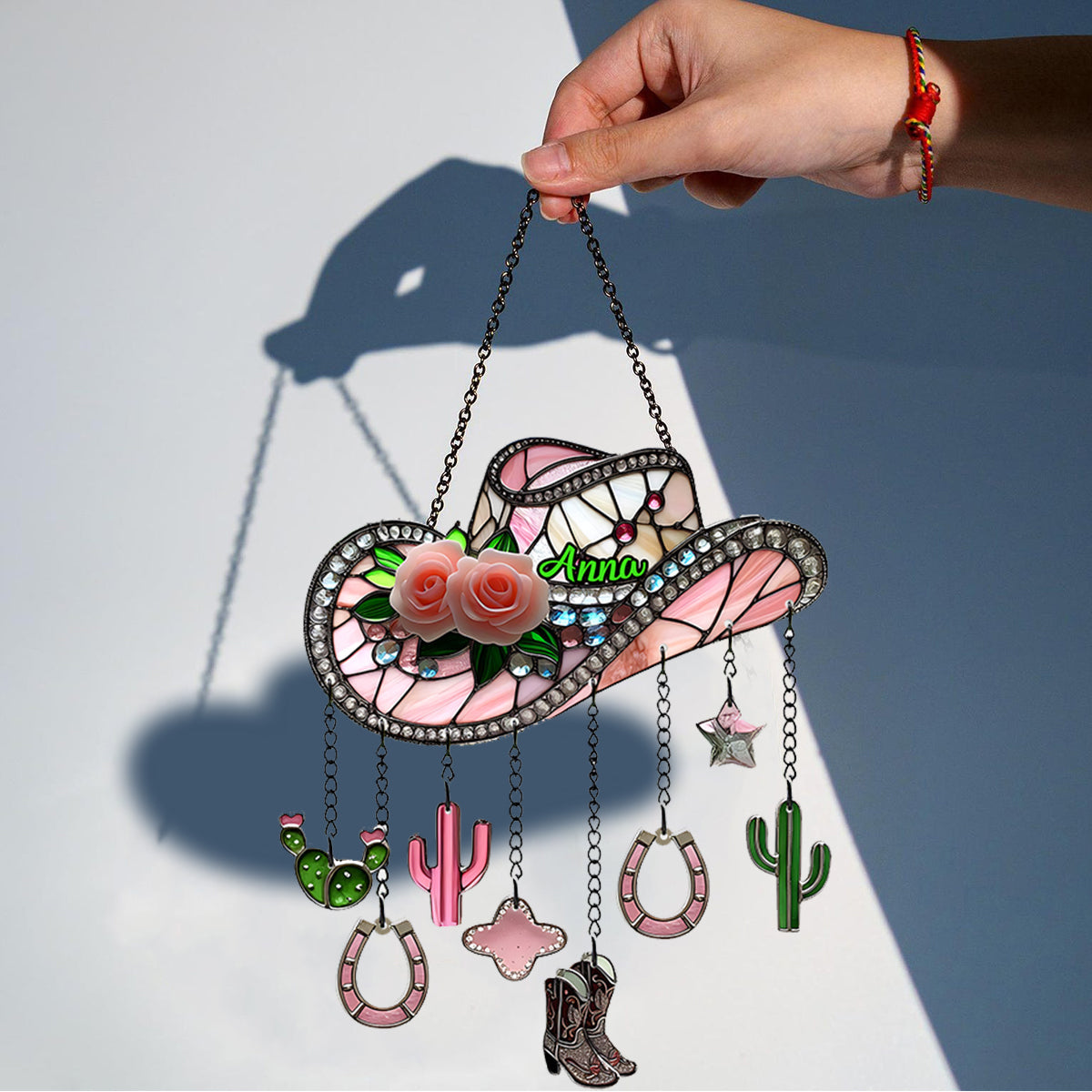 Pink Cowgirl Boots - Personalized Cowgirl Window Hanging Suncatcher With Charms