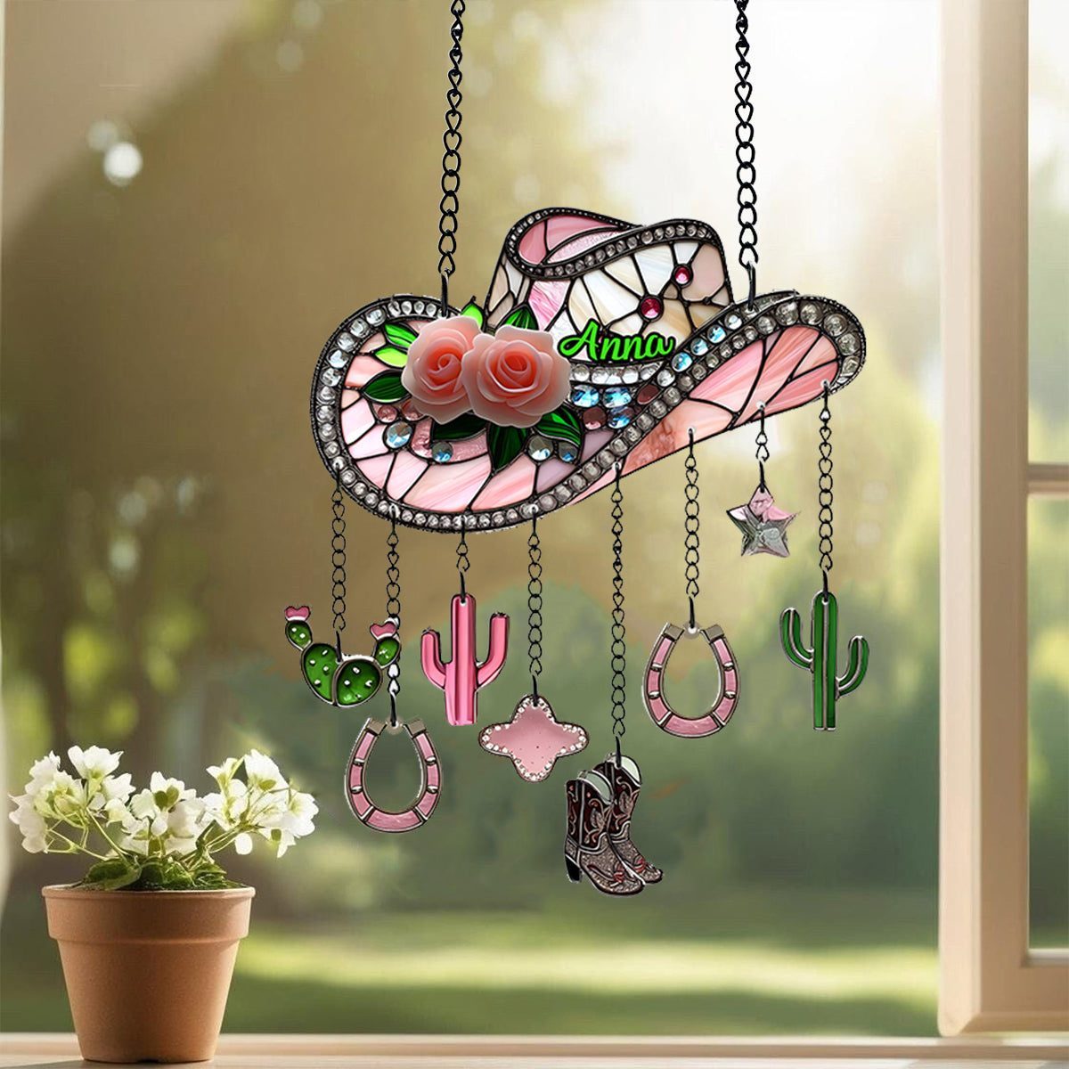 Pink Cowgirl Boots - Personalized Cowgirl Window Hanging Suncatcher With Charms
