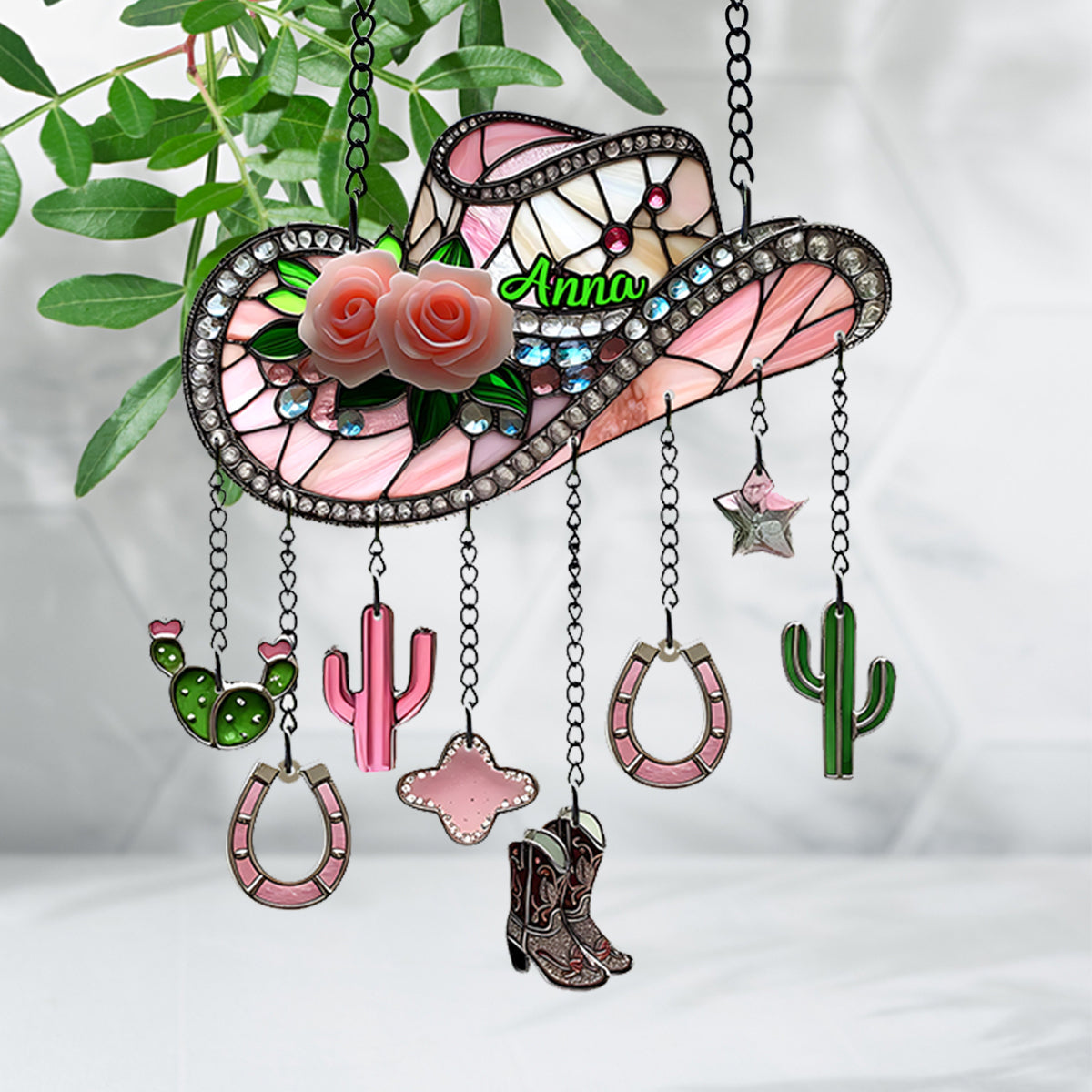 Pink Cowgirl Boots - Personalized Cowgirl Window Hanging Suncatcher With Charms