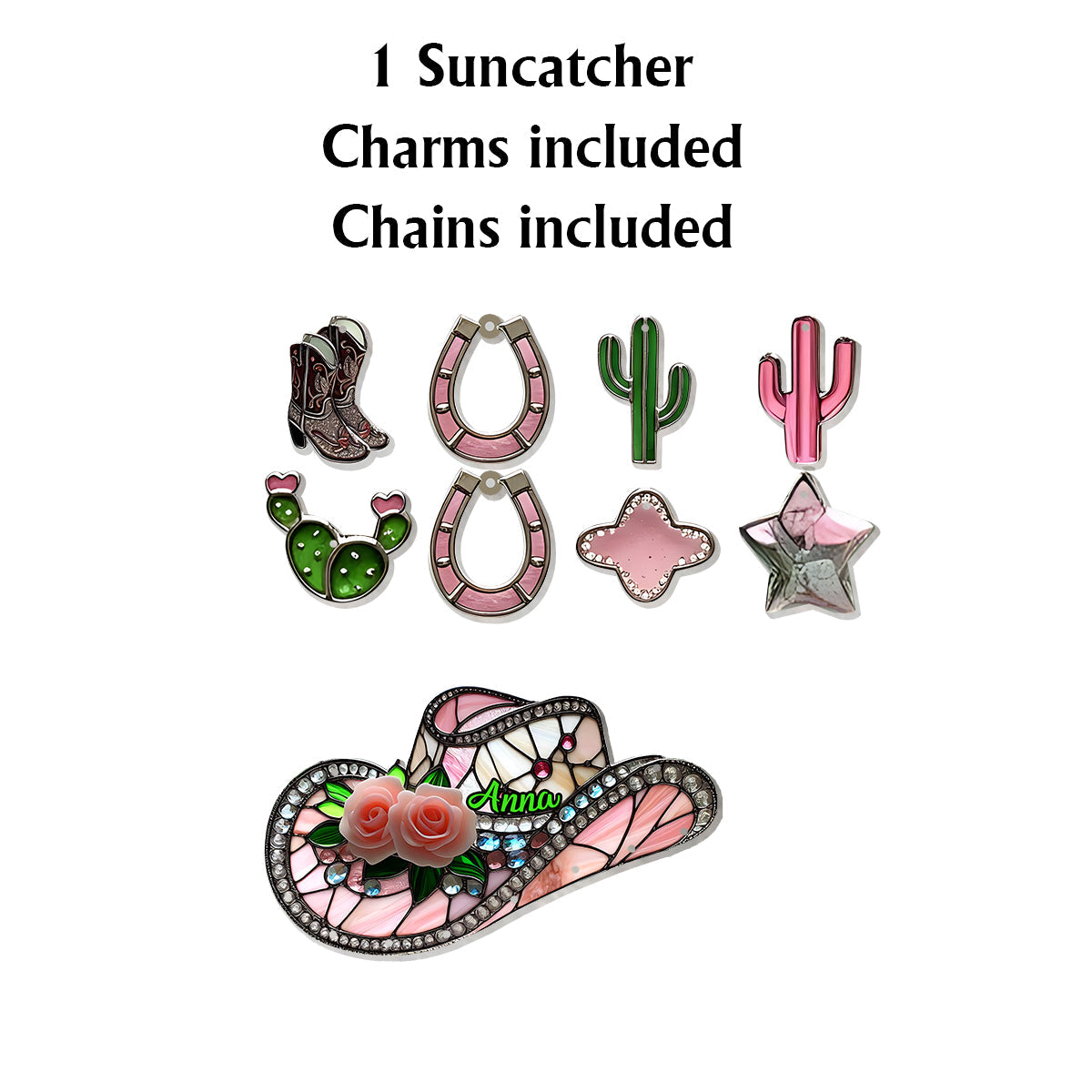 Pink Cowgirl Boots - Personalized Cowgirl Window Hanging Suncatcher With Charms