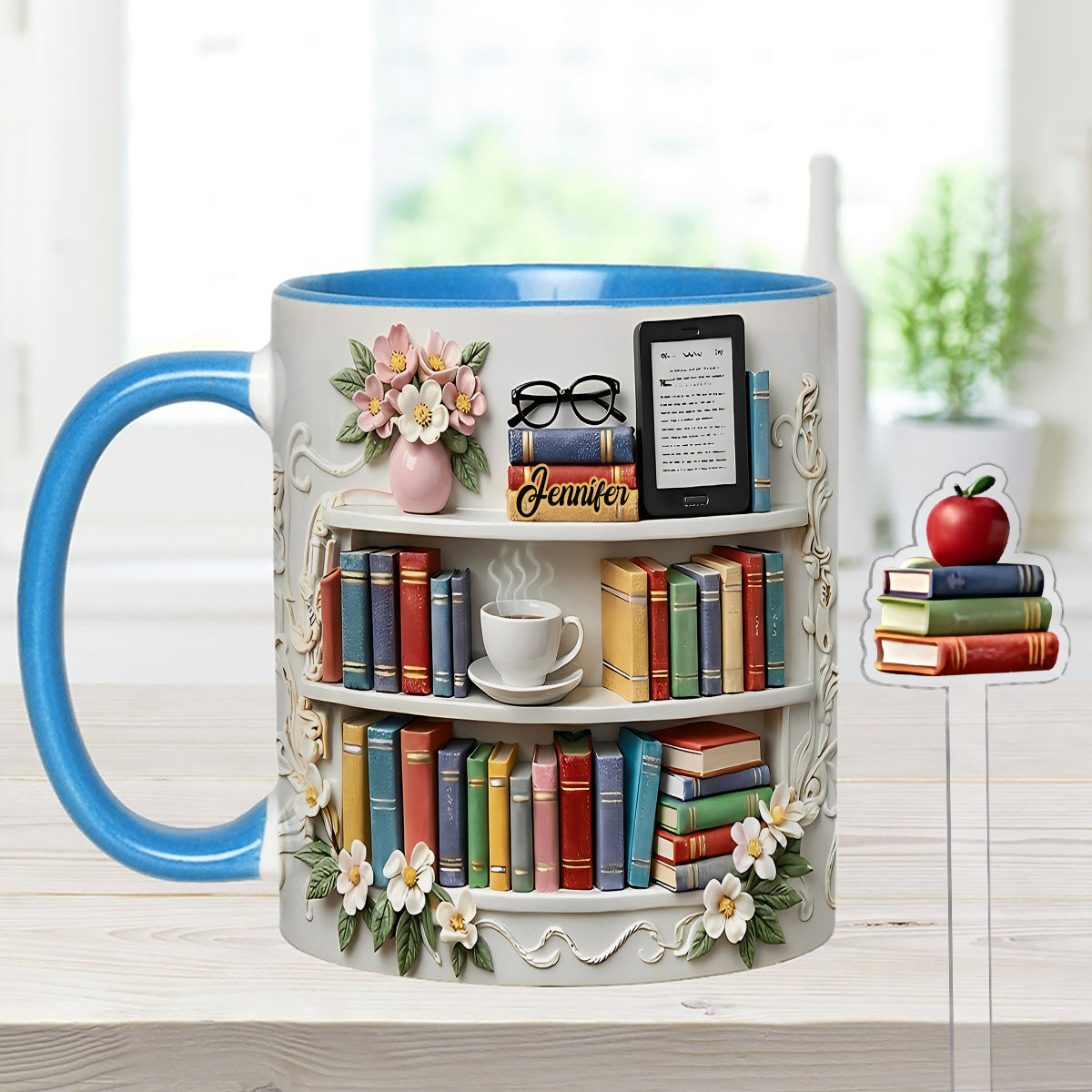 Geschenk für Bücherliebhaber – Personalisierte Buch-Set-Tasse mit Acryl-Rührstäbchen