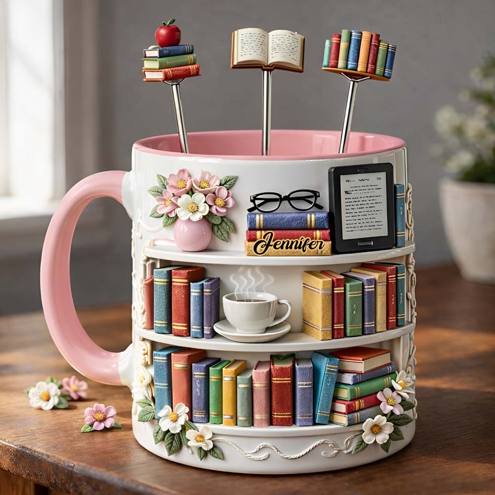 Geschenk für Bücherliebhaber – Personalisierte Buch-Set-Tasse mit Acryl-Rührstäbchen