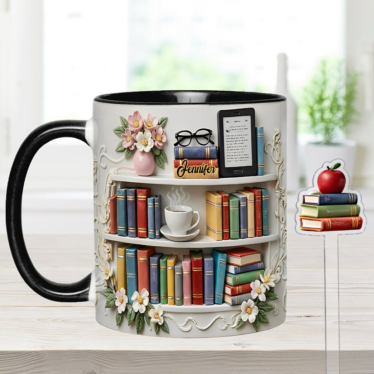 Geschenk für Bücherliebhaber – Personalisierte Buch-Set-Tasse mit Acryl-Rührstäbchen