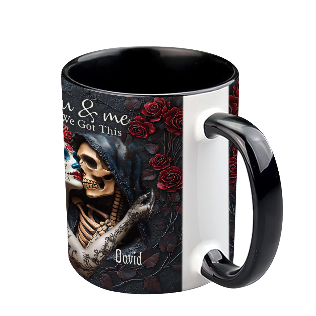 „Du und ich, wir schaffen das“ – Personalisierte Tasse mit Totenkopf-Akzent