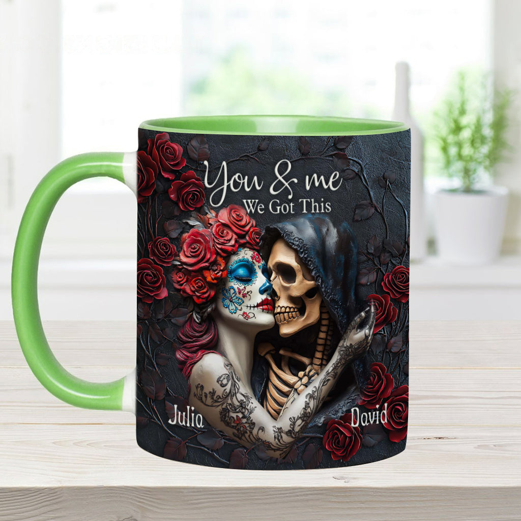 „Du und ich, wir schaffen das“ – Personalisierte Tasse mit Totenkopf-Akzent