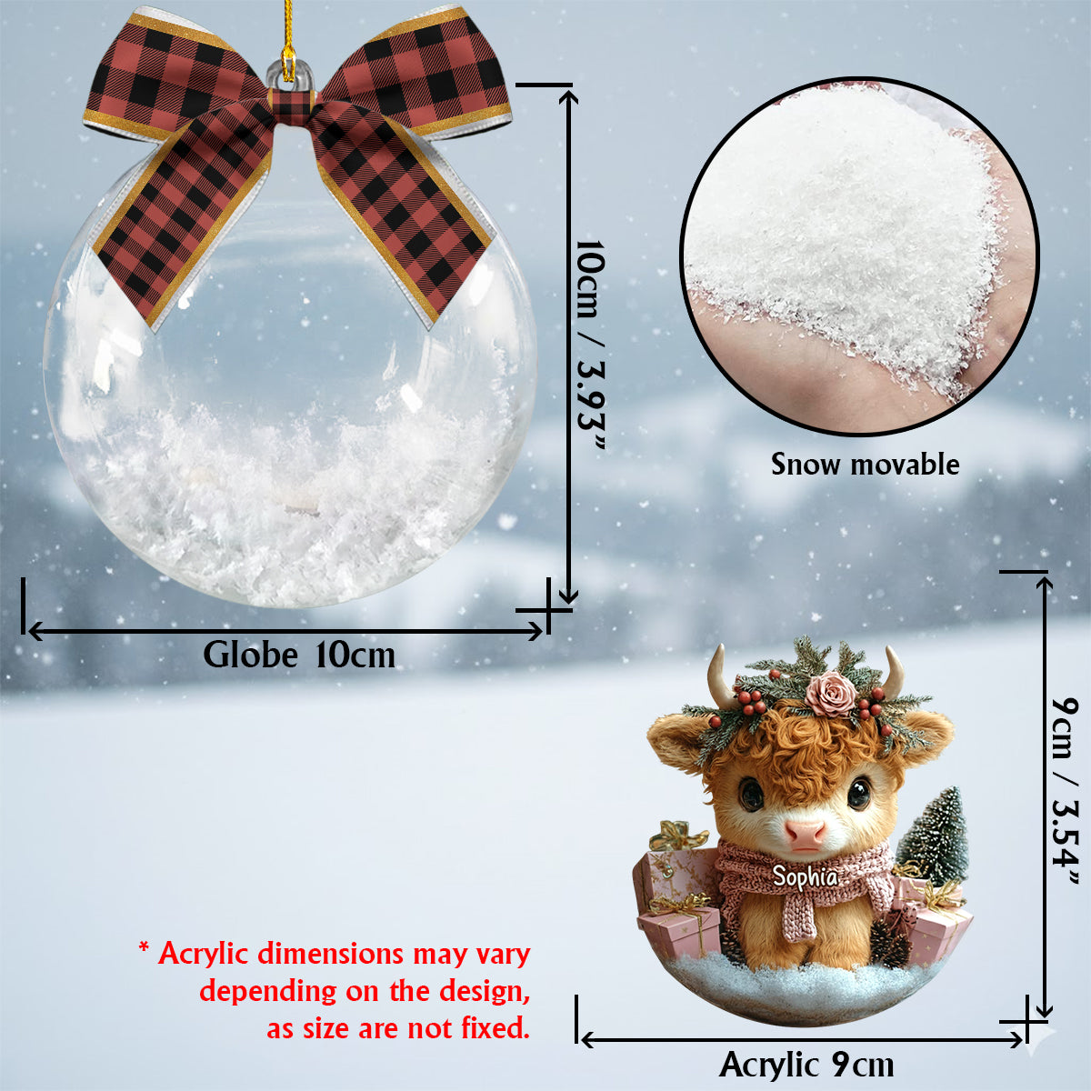 Weihnachtsschmuck aus der Schneekugel mit Hochlandkuh-Motiv und Schleife – Personalisierter Schneekugel-Anhänger mit Hochlandkuh-Motiv