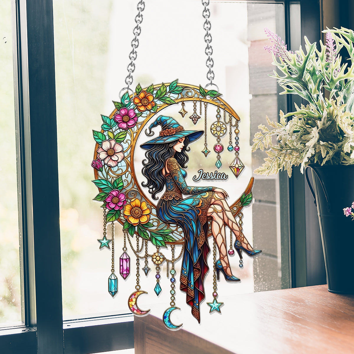 Witch Moon - Personalized Witch Window Hanging Suncatcher Ornament