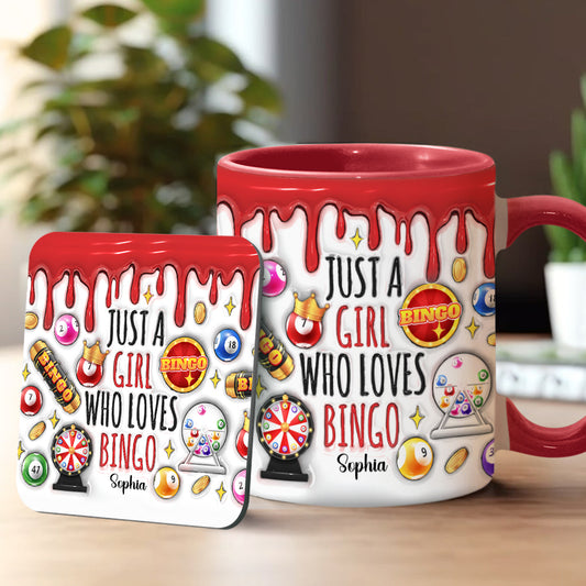 Einfach ein Mädchen, das Bingo liebt – Personalisierte Tasse mit Bingo-Spieler-Akzent