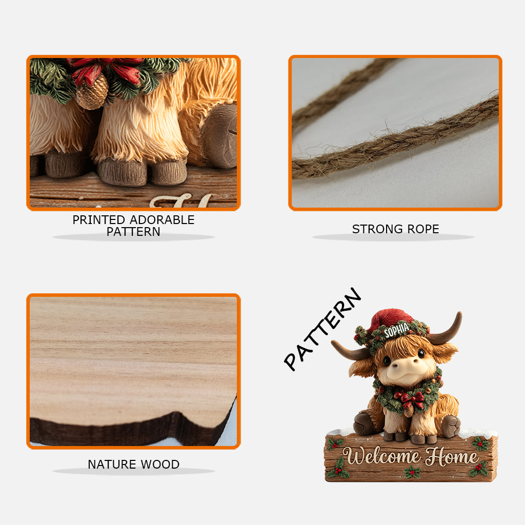 Willkommen zu Hause – Personalisiertes Holzschild in Form einer Hochlandkuh
