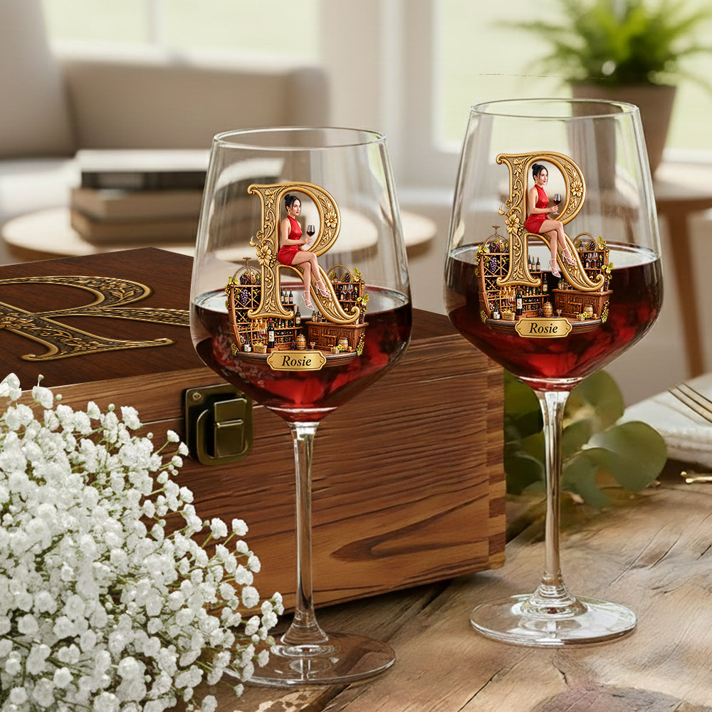 Alphabet Initial For Wine Lovers - Personalized Wine Glasses Set With Wooden Box