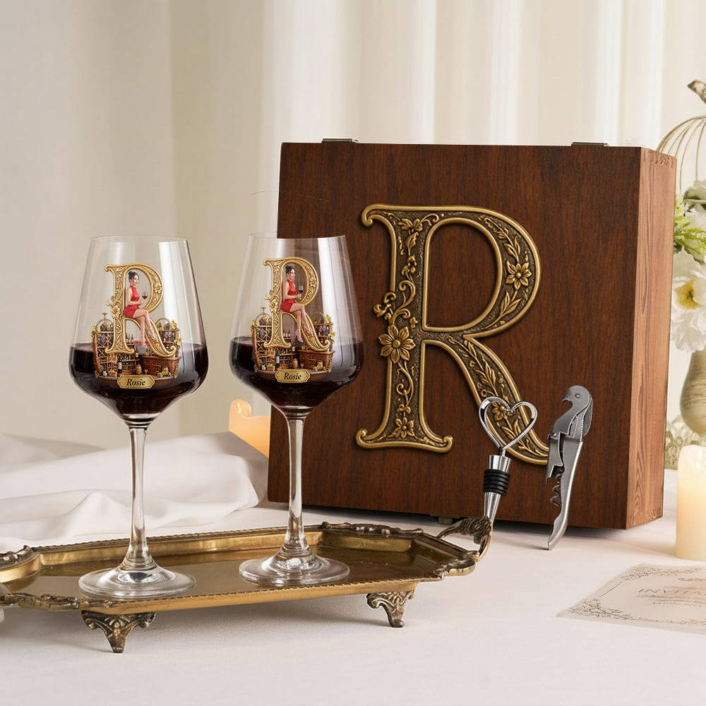 Alphabet Initial For Wine Lovers - Personalized Wine Glasses Set With Wooden Box