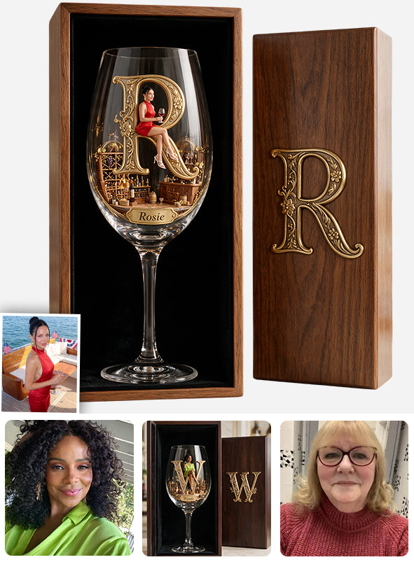 Alphabet Initial For Wine Lovers - Personalized Wine Glasses Set With Wooden Box