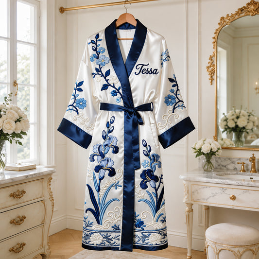 Any Flower, Birth Month Flower Toile de Jouy Style - Personalized Self Love Satin Robe