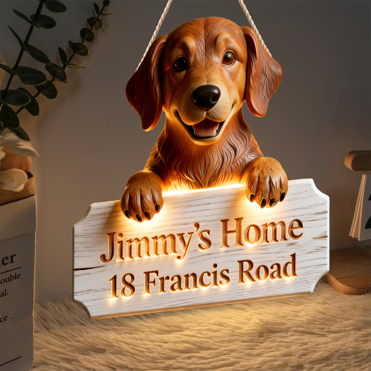 Licht für unser Zuhause – Personalisiertes LED-Lichtschild für Hunde aus Acryl