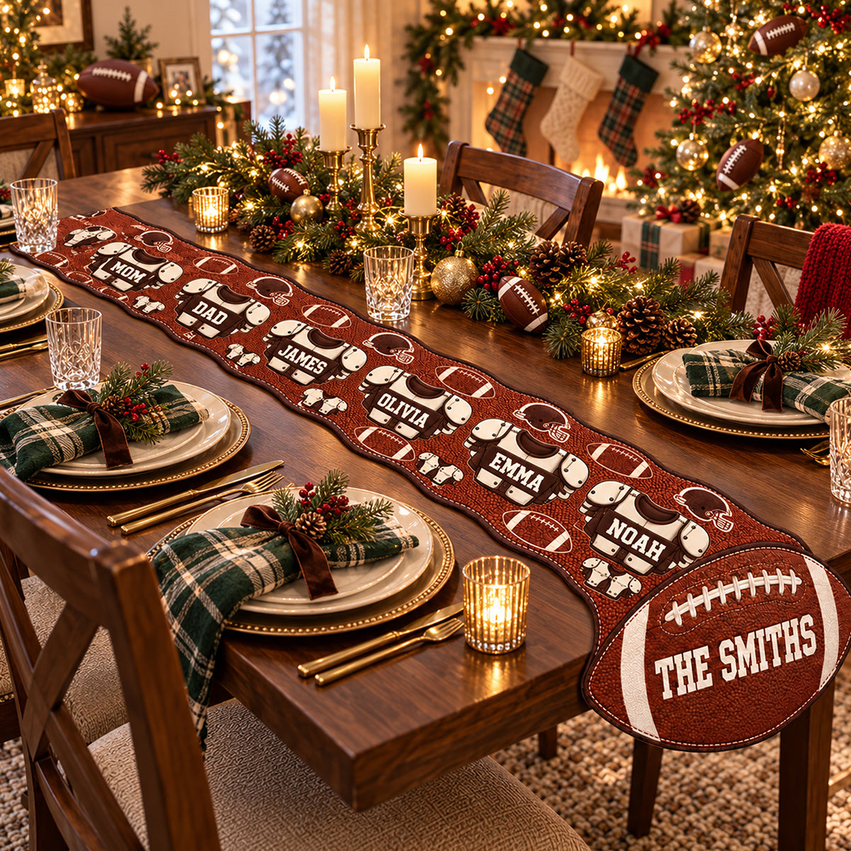 Merry Christmas Our Family - Personalized Football Custom Shape Table Runner