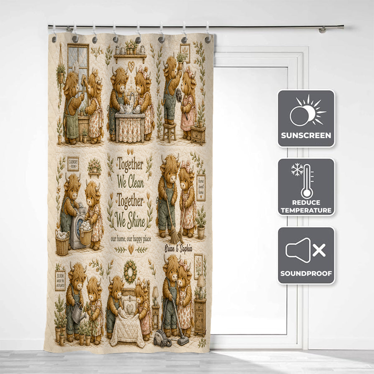 Together We Clean Our Home - Personalized Highland Cow Blackout Window Curtain/ Drapes Set
