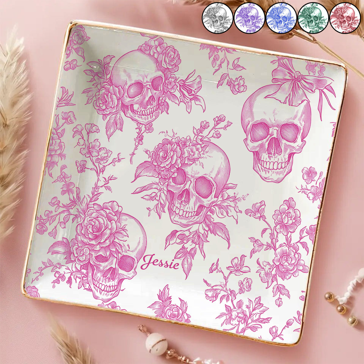 Rosa Totenkopf-Schmuckschale mit personalisiertem Totenkopf-Print
