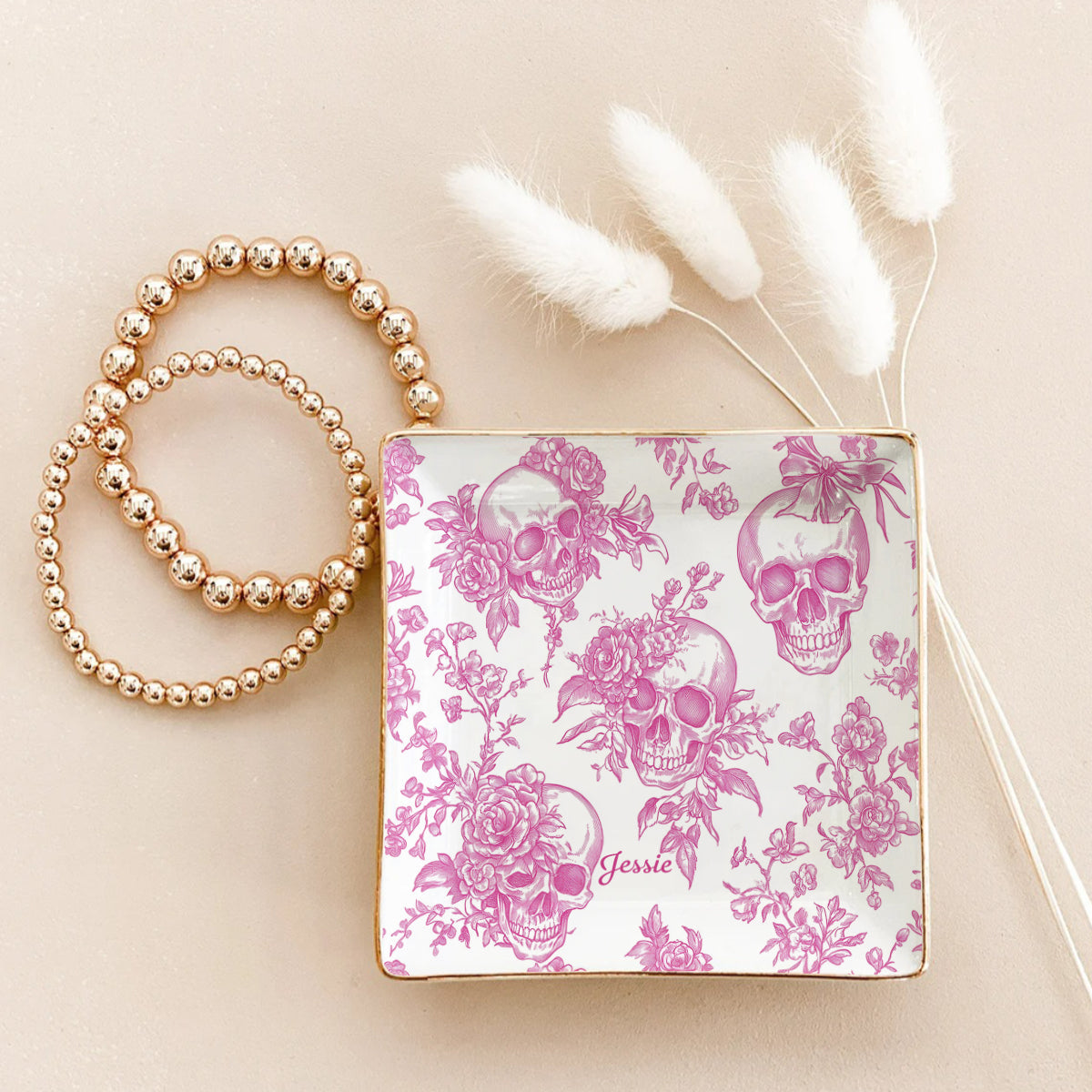 Rosa Totenkopf-Schmuckschale mit personalisiertem Totenkopf-Print