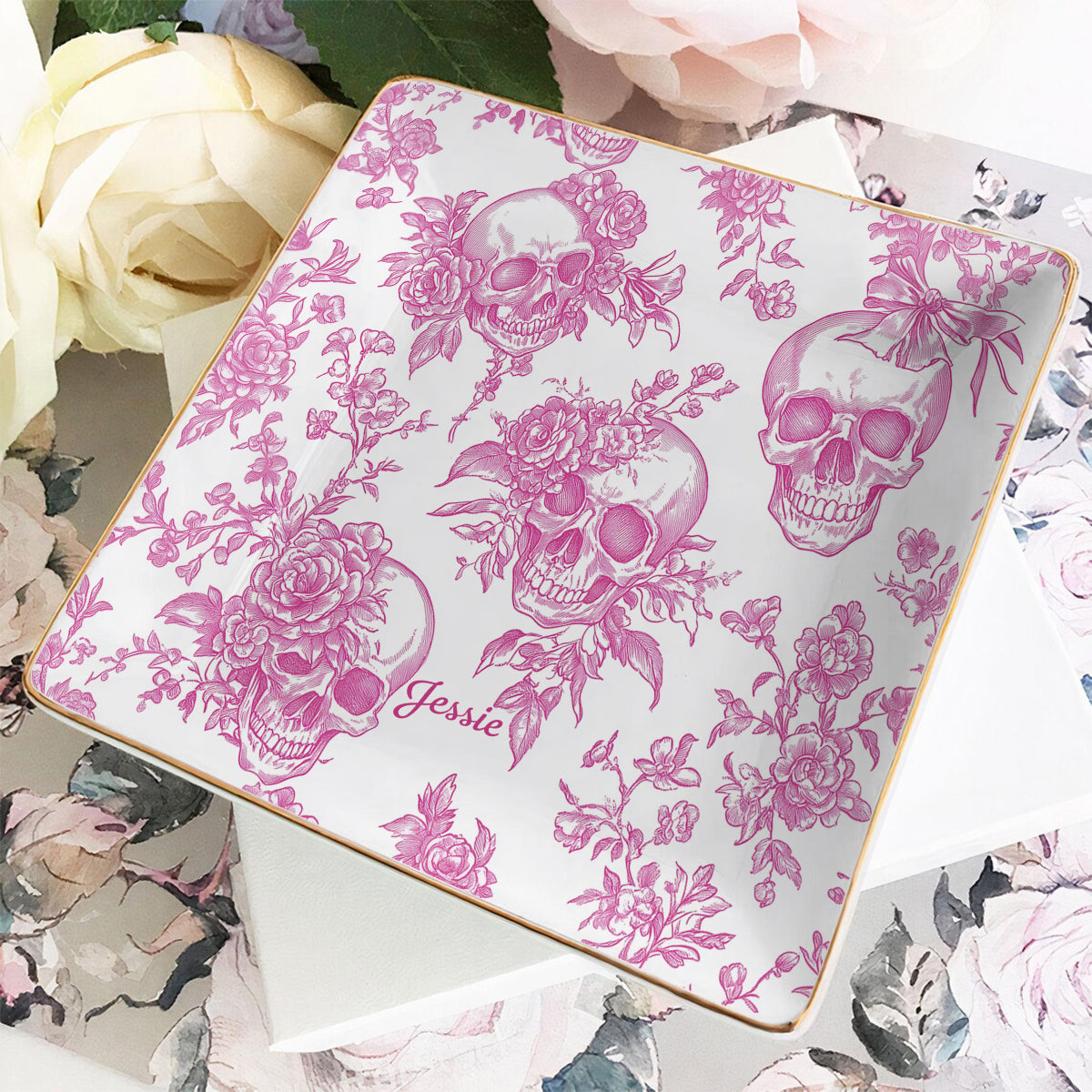 Rosa Totenkopf-Schmuckschale mit personalisiertem Totenkopf-Print