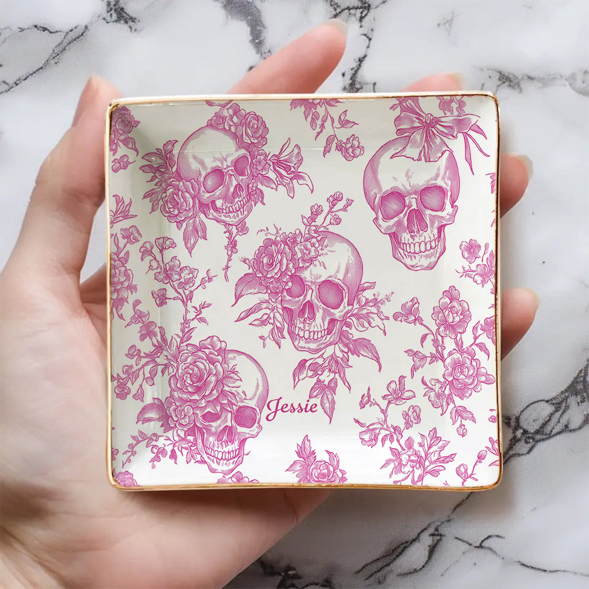 Rosa Totenkopf-Schmuckschale mit personalisiertem Totenkopf-Print