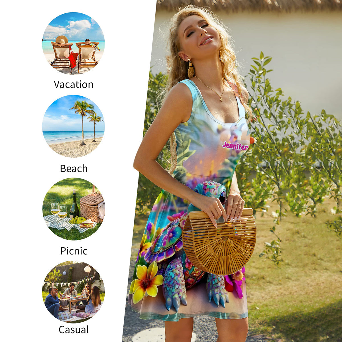 Funkelndes, verspieltes Schildkröten- und Blumenkleid – personalisiertes ärmelloses Schildkrötenkleid