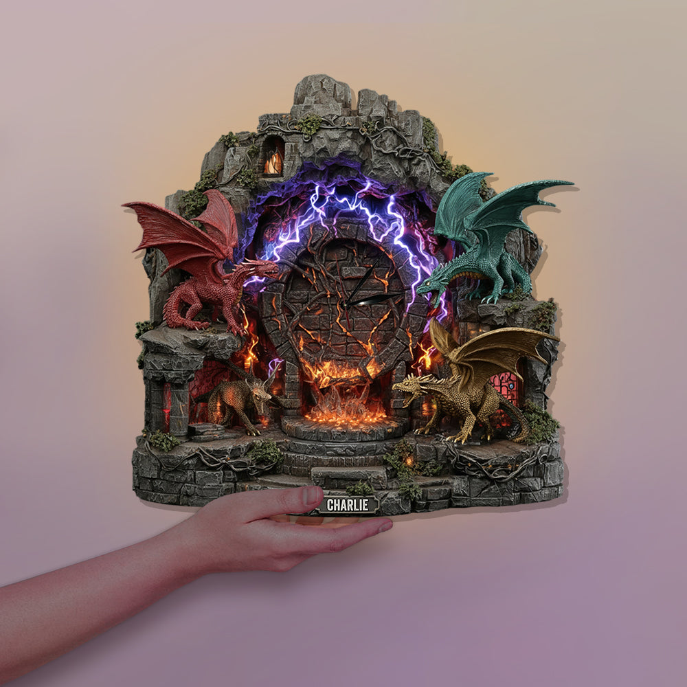 Fantasy-Drachen – Personalisierte LED-Wanduhr mit Drachenlicht