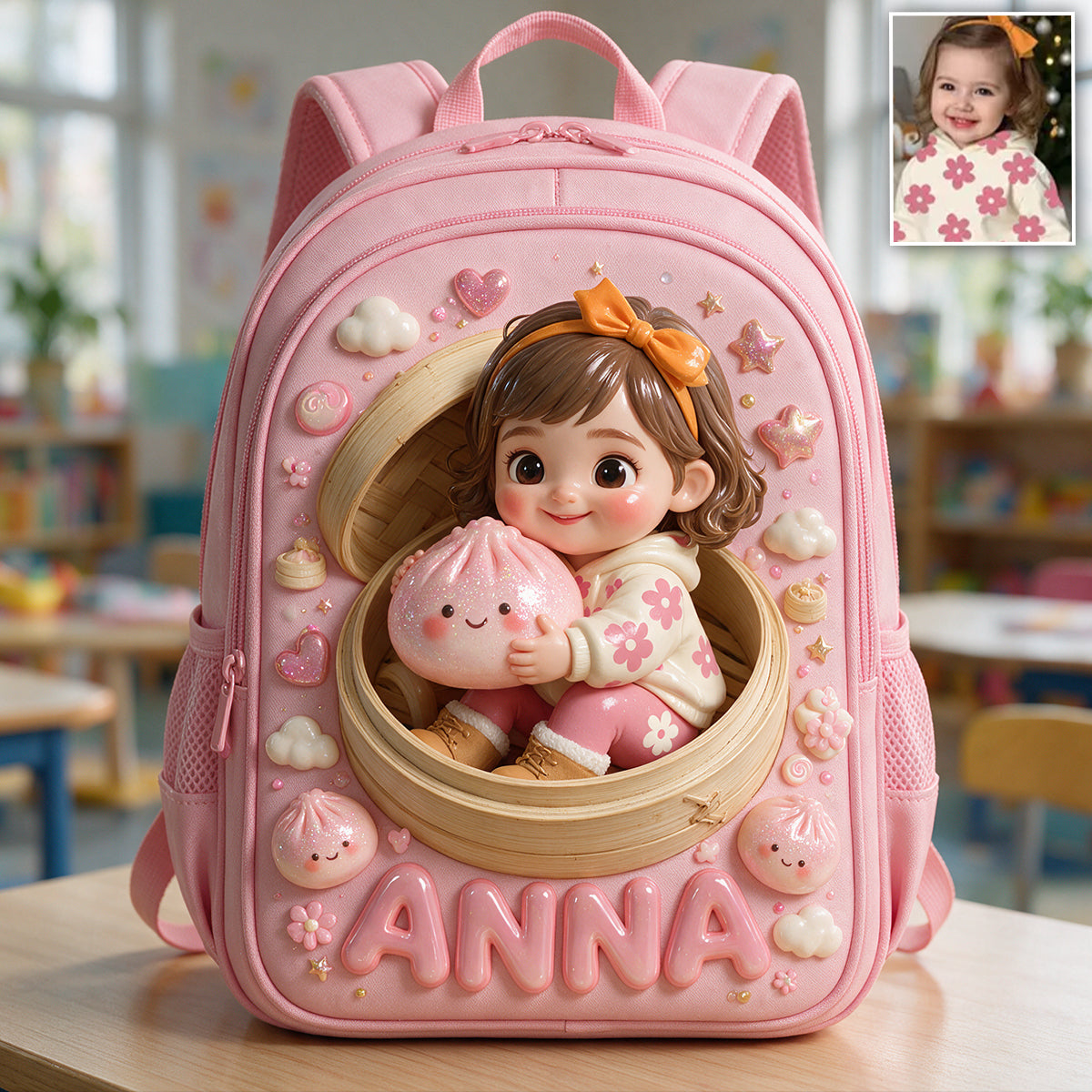Funny Glitter Dumpling Gift For Kid - Personalized Kid Changeable Leather Patch Backpack