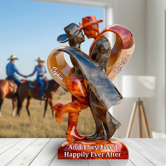 Und sie lebten glücklich bis an ihr Lebensende – personalisierte Acrylplakette mit Cowgirl-Motiv in Sonderform