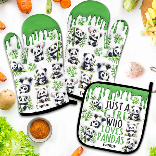 Einfach ein Mädchen, das Pandas liebt – Personalisiertes Topflappen- und Ofenhandschuh-Set