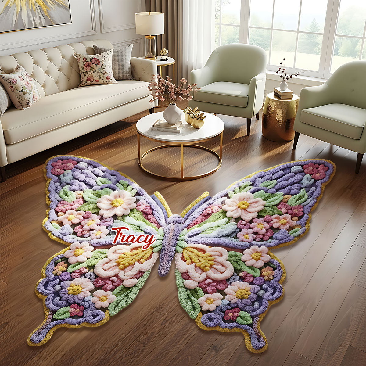 Blumen-Schmetterling - Personalisierter, rutschfester, getufteter Schmetterlingsteppich