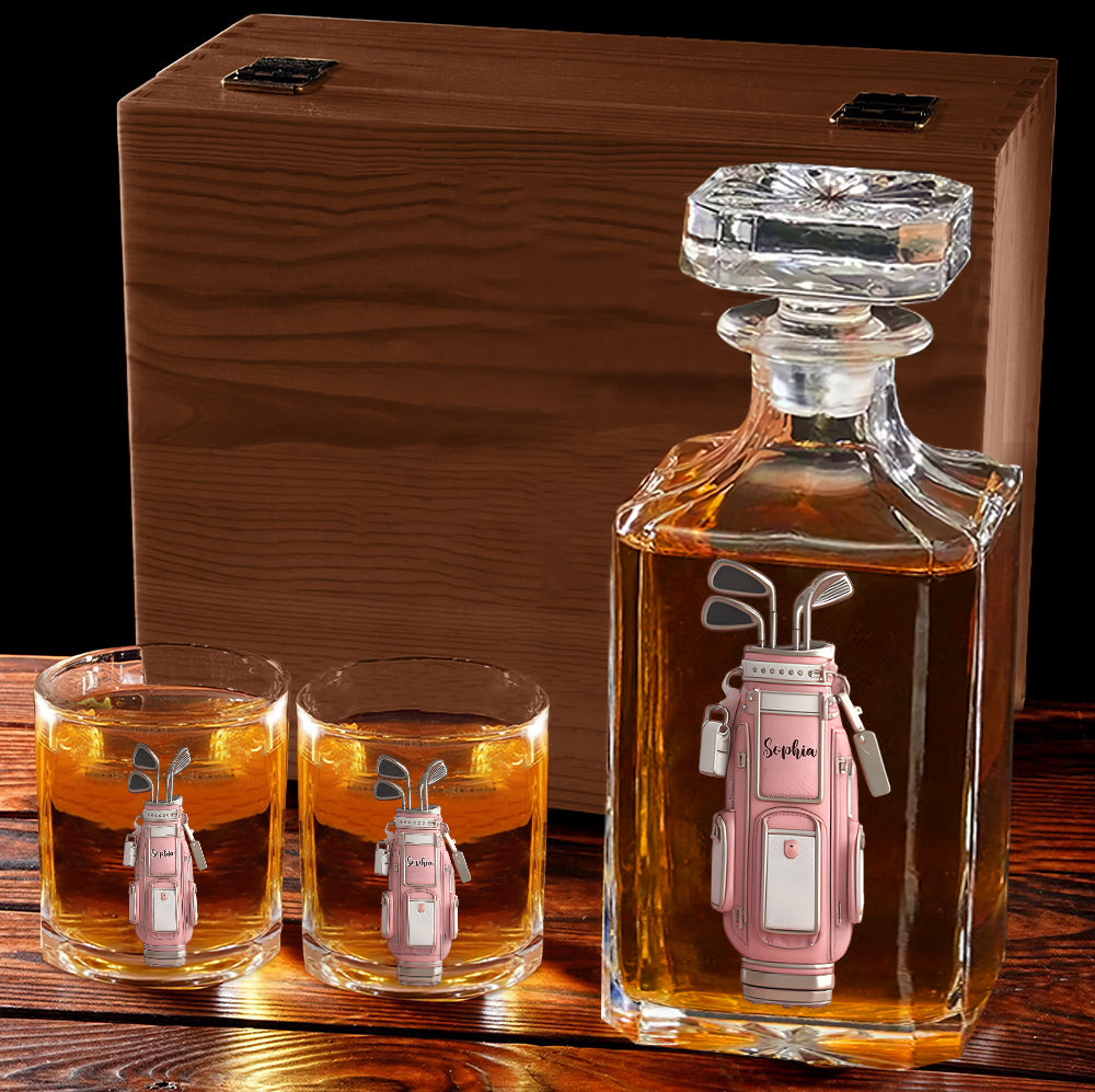 Luxuriöses Geschenk für Golfer mit individuellem Namen – Personalisiertes Golf-Whisky-Dekanter-Set
