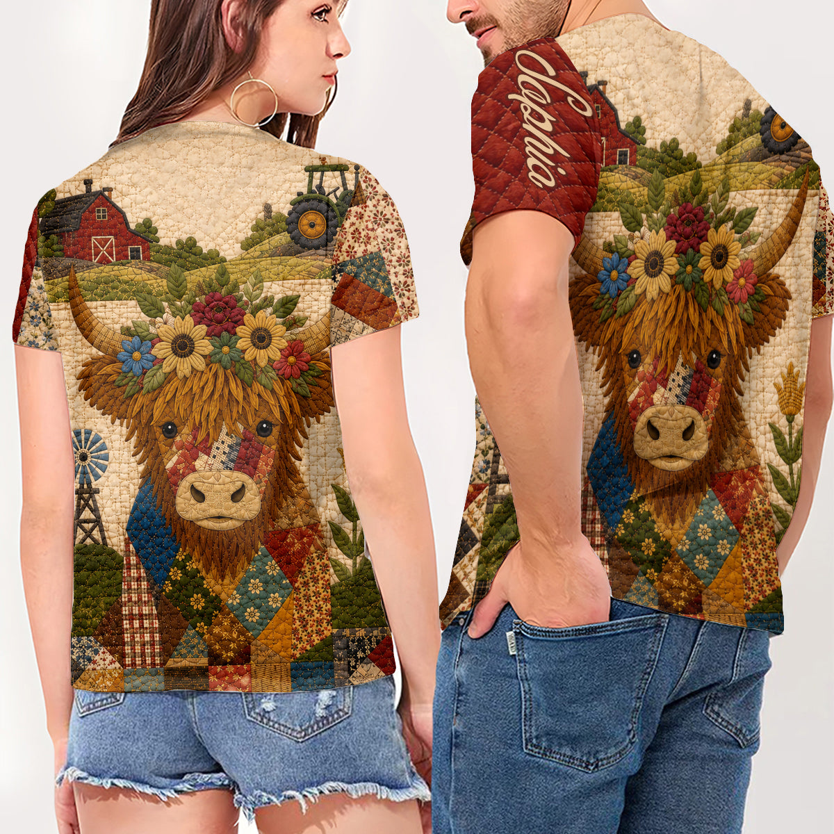 Hochlandrind, Herbststimmung - Personalisierbares Hochlandrind Vollbedrucktes V-Ausschnitt T-Shirt