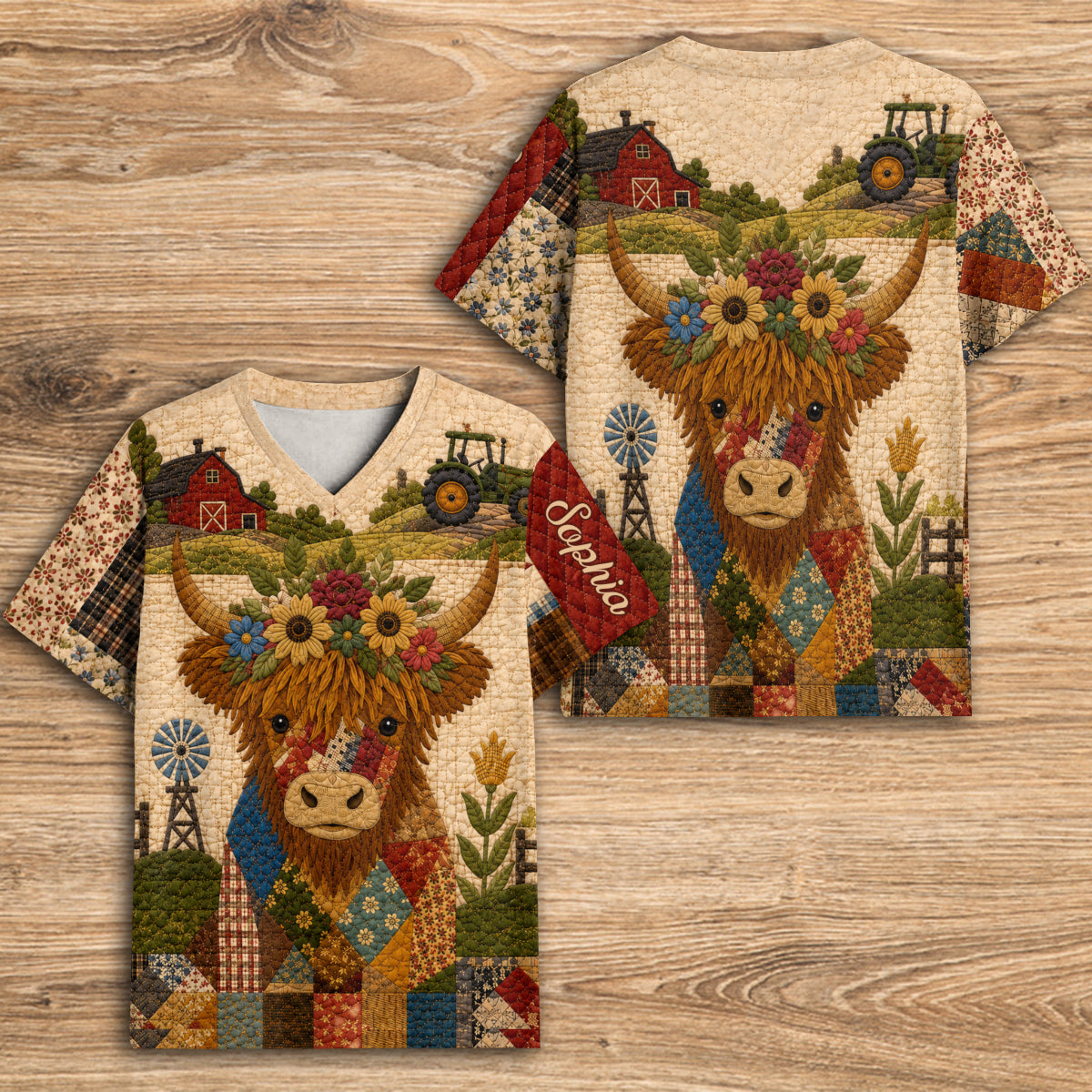 Hochlandrind, Herbststimmung - Personalisierbares Hochlandrind Vollbedrucktes V-Ausschnitt T-Shirt