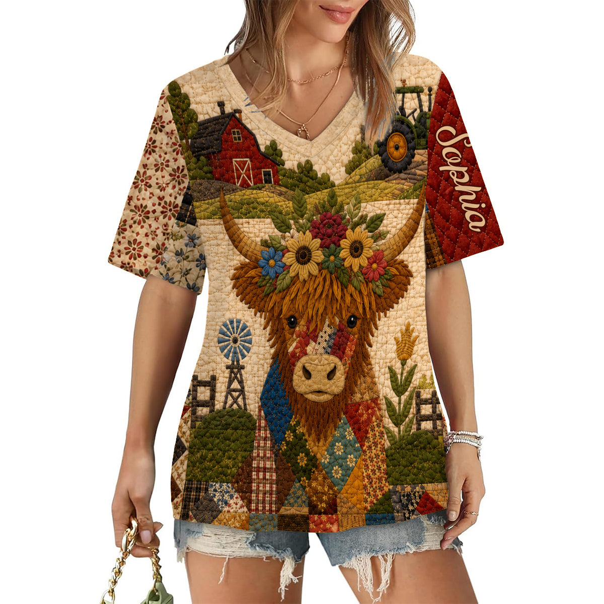 Hochlandrind, Herbststimmung - Personalisierbares Hochlandrind Vollbedrucktes V-Ausschnitt T-Shirt