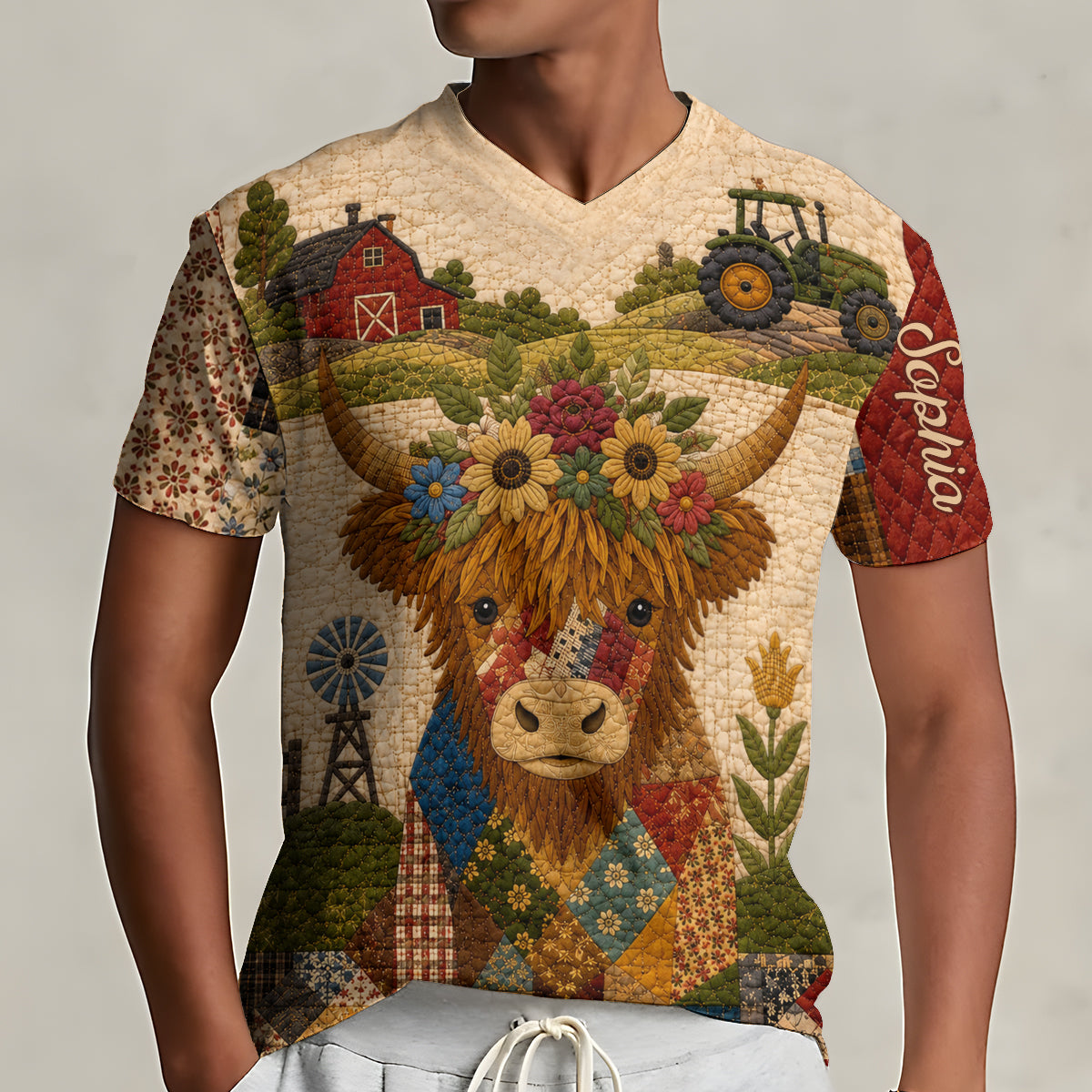 Hochlandrind, Herbststimmung - Personalisierbares Hochlandrind Vollbedrucktes V-Ausschnitt T-Shirt